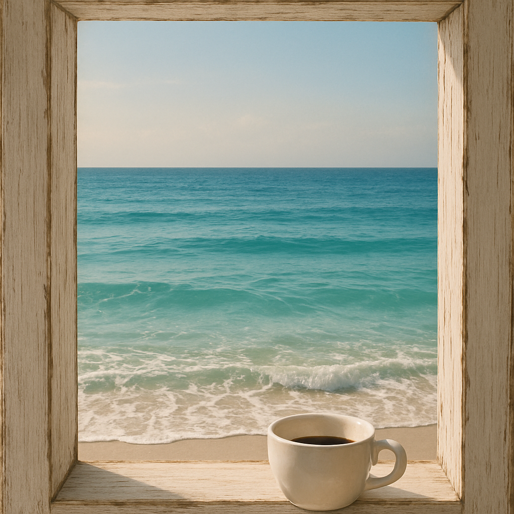 Café junto a la ventana con vista serena al océano turquesa